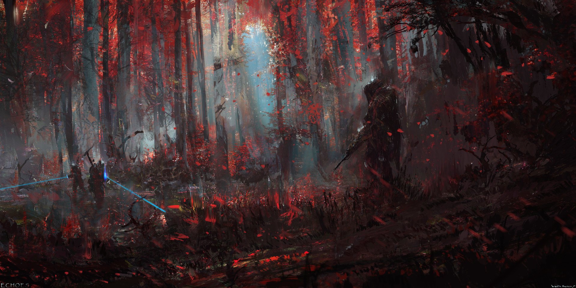 A mystical forest bathed in red and blue light, where a lone warrior stands amidst fantastical trees, evoking a captivating blend of sci-fi and fantasy elements.