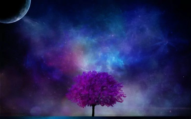 Digital sci-fi artwork: a solitary purple tree on a reflective plain beneath a blue-purple nebula sky with a distant planet visible.