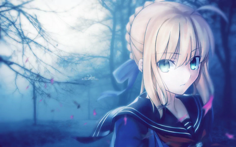 Anime-style image of Saber from Fate/Stay Night standing in a misty forest with bare trees and soft blue lighting.
