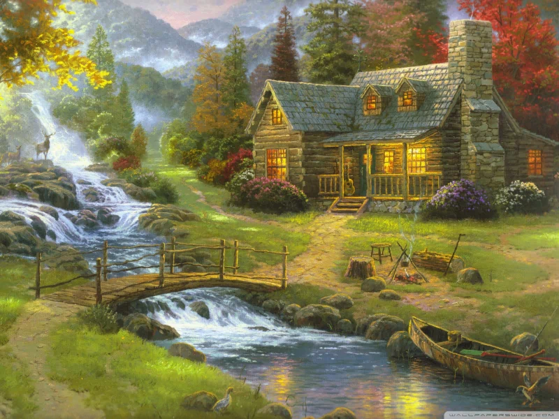 A serene painting of a rustic cabin surrounded by lush trees, a flowing stream, and vibrant autumn colors, evoking a peaceful natural landscape.
