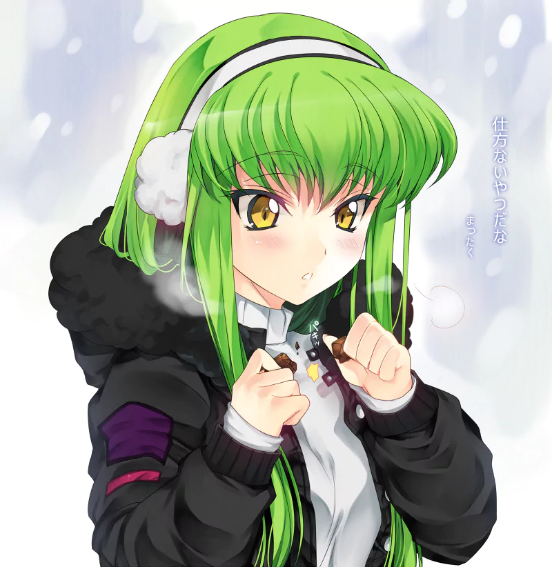 Anime character C.C. from Code Geass with long green hair and golden eyes, dressed in a black winter coat with earmuffs, set against a snowy background.