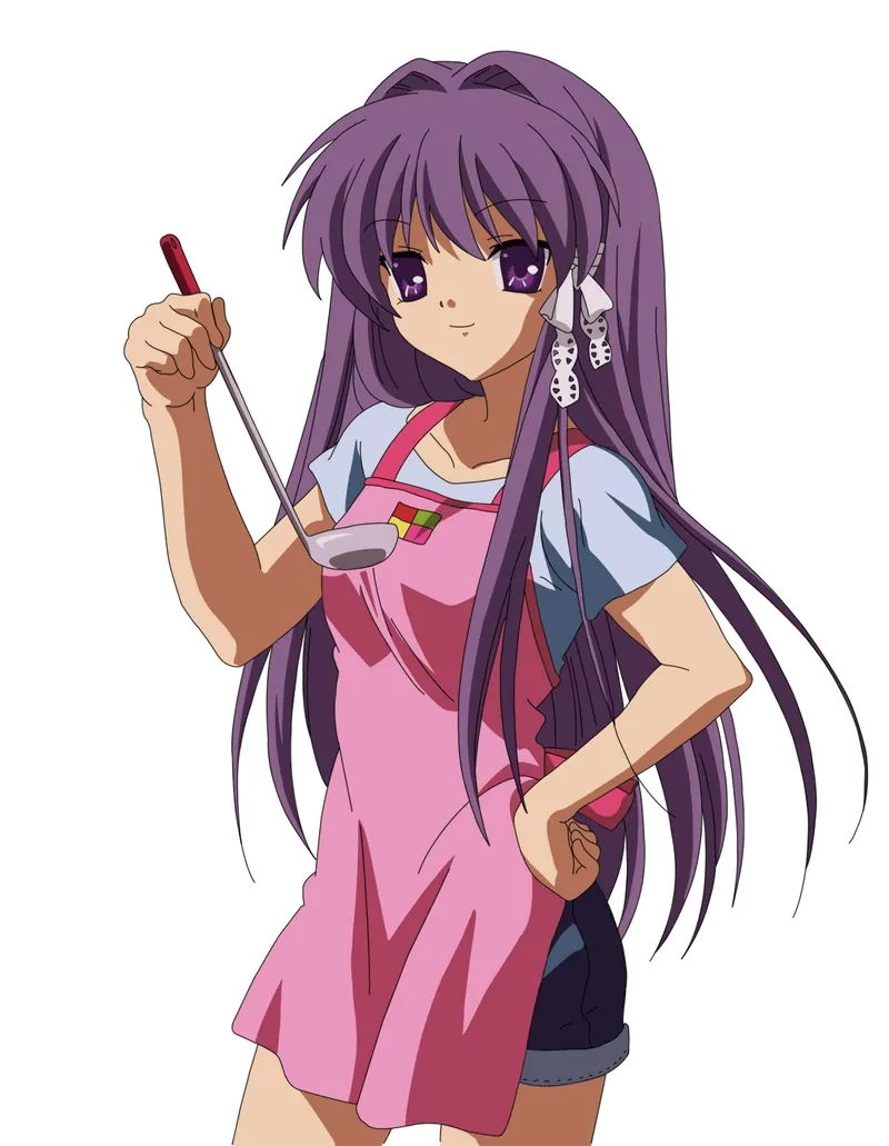 Kyou Fujibayashi (Clannad) anime character with long purple hair, wearing a pink apron and holding a ladle, poised in a cooking stance.