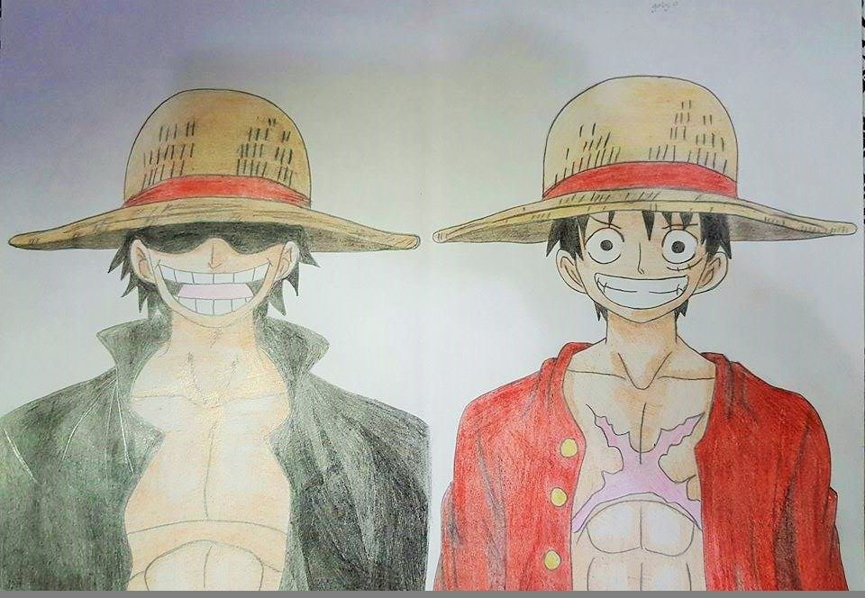 Hand-drawn One Piece anime image of two Monkey D. Luffy figures side-by-side wearing straw hats — one in a dark coat with a wide grin, one in a red jacket.