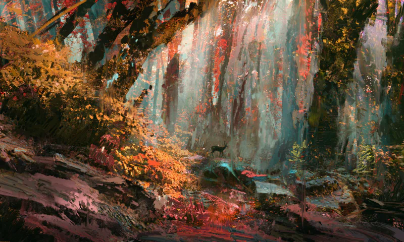 Vibrant fantasy forest landscape with sunbeams through towering trees, mossy rocks and colorful undergrowth.