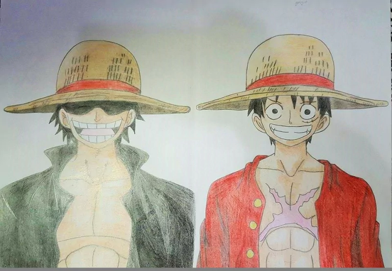 Hand-drawn One Piece anime image of two Monkey D. Luffy figures side-by-side wearing straw hats — one in a dark coat with a wide grin, one in a red jacket.