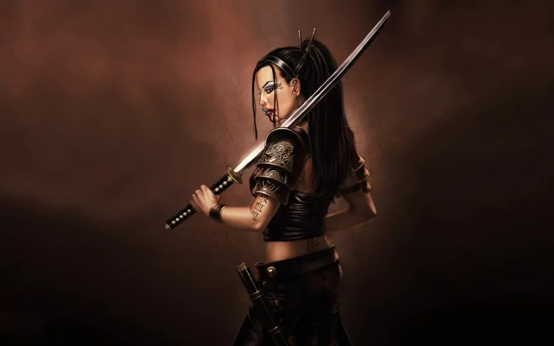 Fantasy warrior woman with tattoos wields a katana, poised in battle stance against a dark, smoky background.