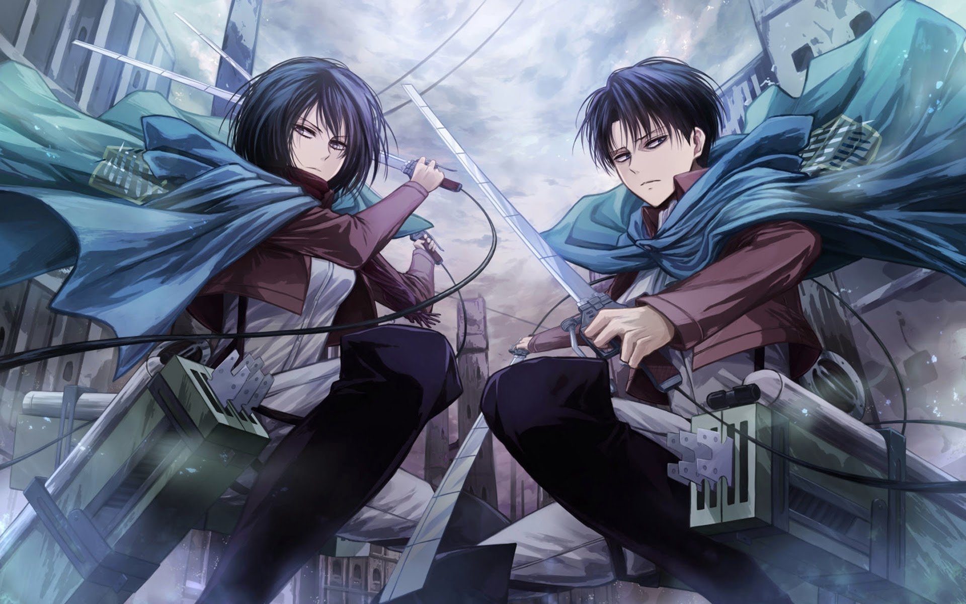 Attack on Titan anime: two Survey Corps soldiers in green cloaks leap through a ruined street, blades drawn and ODM gear engaged beneath a stormy sky.