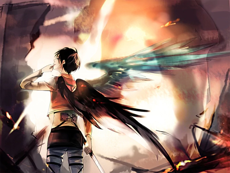 Eren Yeager (Attack on Titan) anime art: backlit figure with dark wings and blades, standing amid flames and ruined structures beneath a blazing, glowing sky.