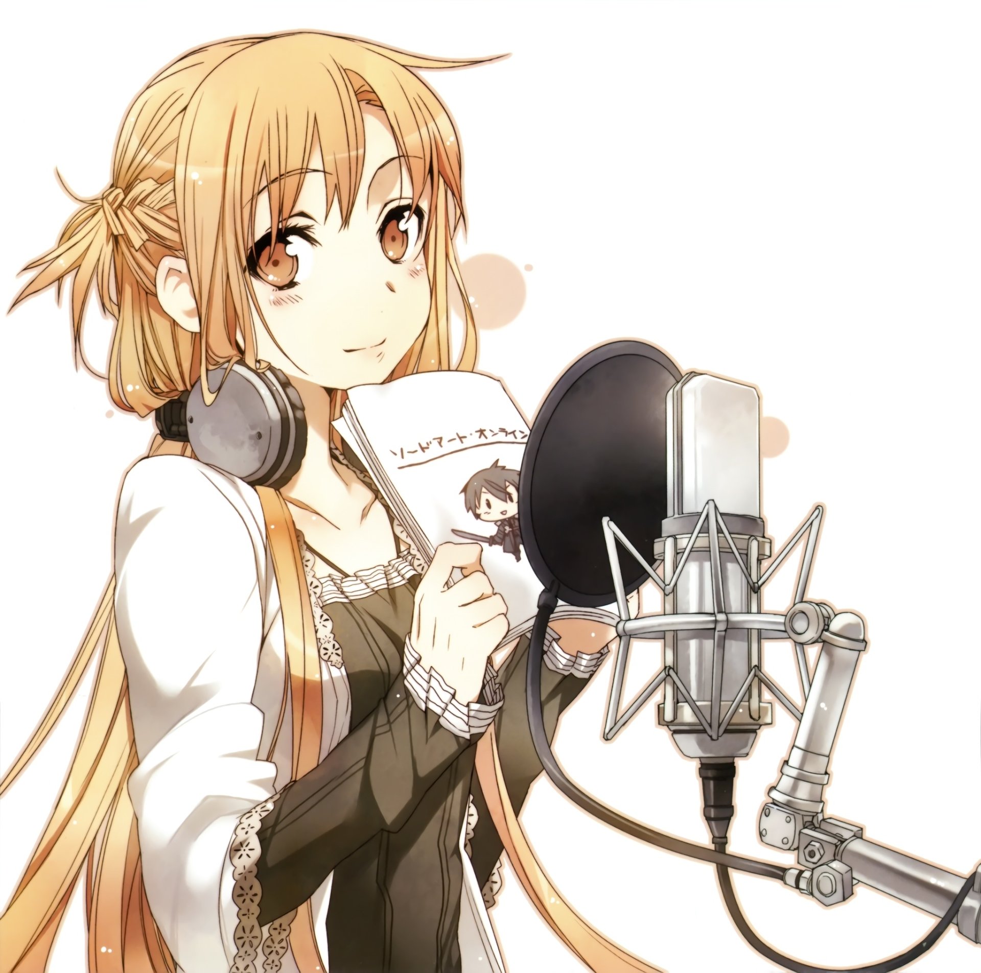 Asuna Yuuki from Sword Art Online smiles with blush, showcasing her blonde, long hair and yellow eyes while holding a script near a microphone, wearing headphones.
