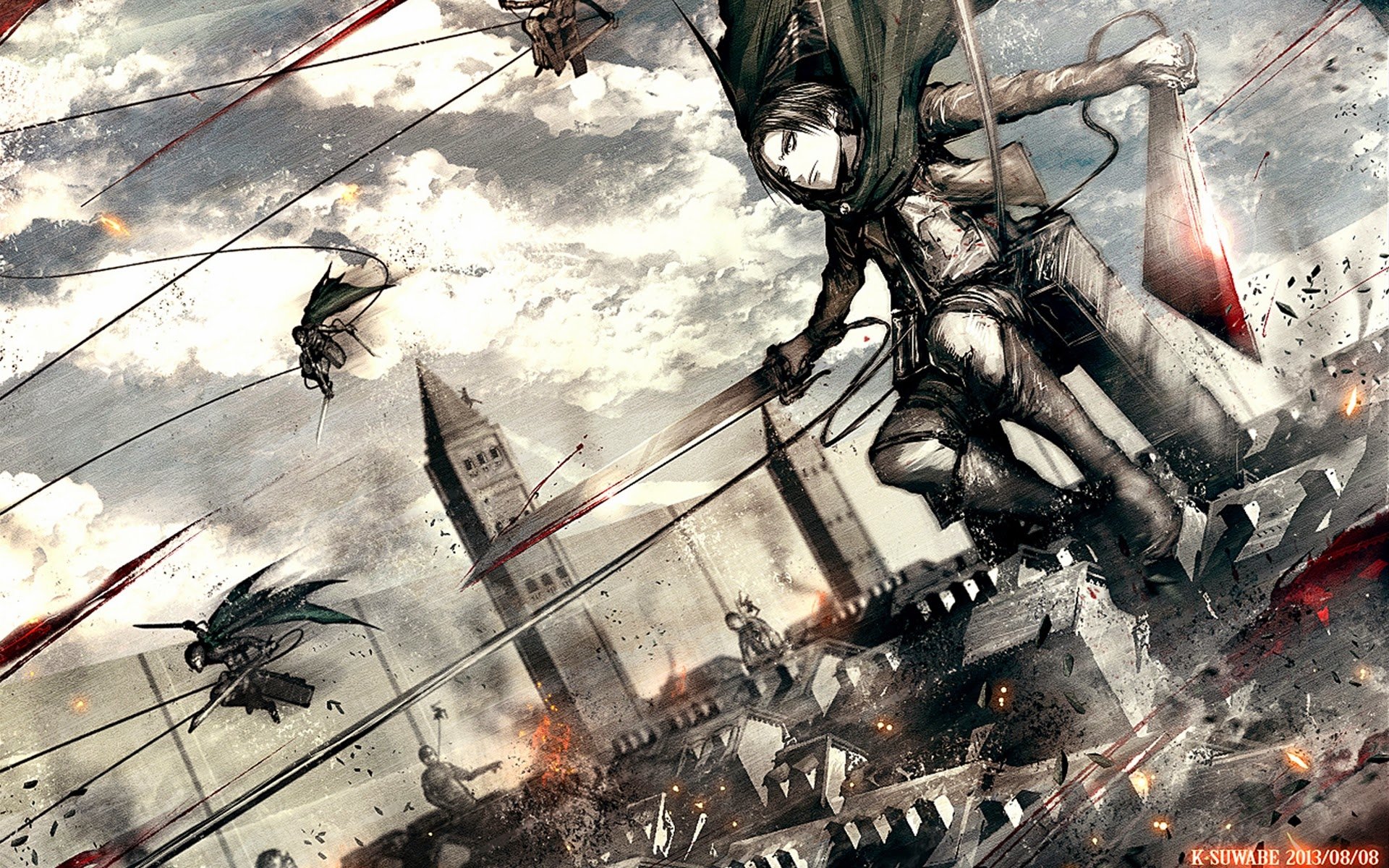 An action-packed scene featuring Levi Ackerman from the anime *Attack on Titan*, soaring through the skies with maneuvering gear amidst a dramatic cityscape and battle.