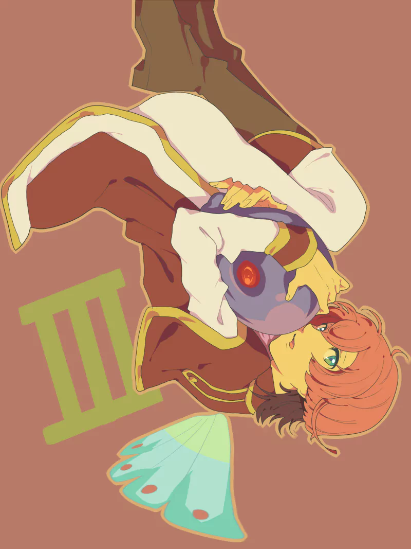 Anime-style artwork of a character from Yu-Gi-Oh! Zexal holding a glowing orb, with a green Gemini symbol and a blue butterfly wing on a muted brown background.