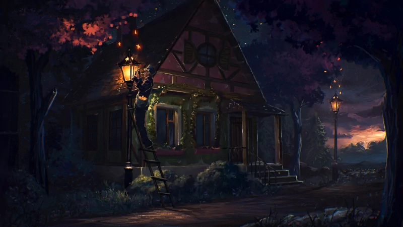 A fantasy house softly illuminated by warm lights at night, surrounded by dark trees and a peaceful, mysterious atmosphere.