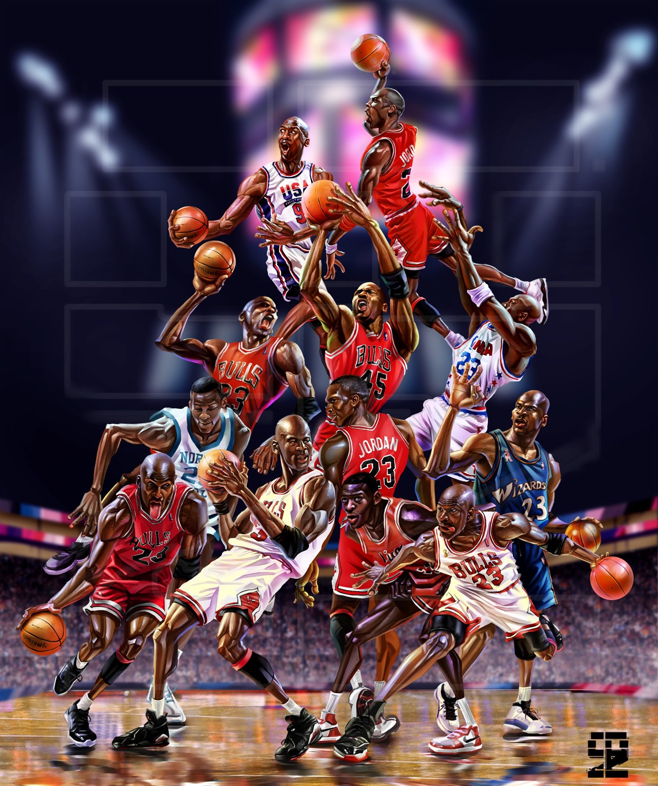 Sports-art collage of a basketball player in red Chicago Bulls and white USA jerseys, captured in dynamic jump, dunk and dribble poses on a packed arena court.
