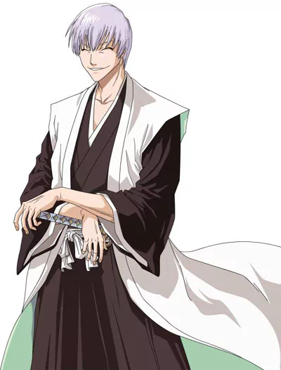 A confident Gin Ichimaru, a character from the anime Bleach, stands poised with his sword. He wears traditional Shinigami attire with a distinctive white and black color scheme.