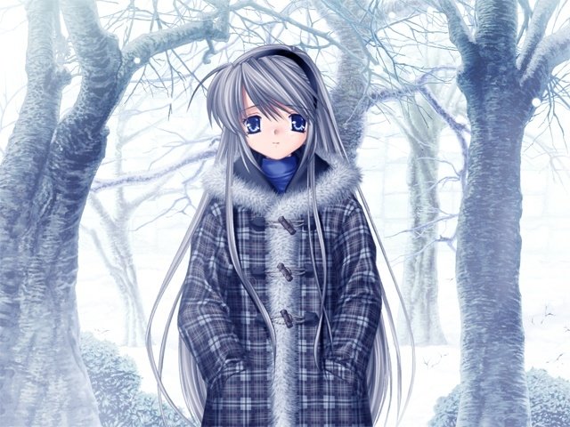 Tomoyo Sakagami from Clannad stands in a snowy winter forest, wearing a plaid coat with a fur collar, her long silver hair contrasting with the frosty background.