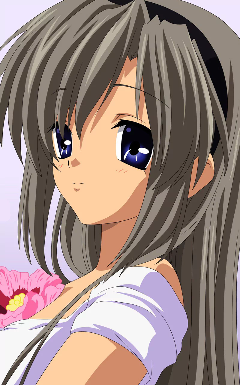 Anime girl Tomoyo Sakagami from Clannad is shown with long gray hair, deep blue eyes, and a soft expression, wearing a white top against a pastel background with pink flowers.