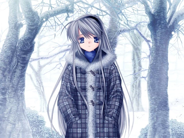 Tomoyo Sakagami from Clannad stands in a snowy winter forest, wearing a plaid coat with a fur collar, her long silver hair contrasting with the frosty background.