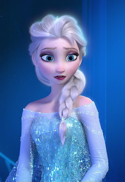 An animated character, Elsa from the movie Frozen, gazes with concern, her signature braid draped over her shoulder, against a shimmering blue backdrop.