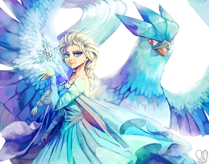 Elsa (Frozen) in a flowing ice-blue gown stands beside Articuno (Pokémon), wings unfurled as she summons crystalline snow and ice magic in a wintry crossover illustration.