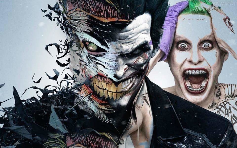 A dynamic portrayal of Jared Leto as the Joker from Suicide Squad, showcasing his chaotic persona alongside elements inspired by Batman's universe.