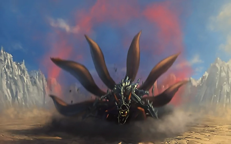 Kurama, the Nine-Tails Kyūbi from Naruto, emerges powerfully in a dramatic desert landscape with mountains and a fiery sky in the background.