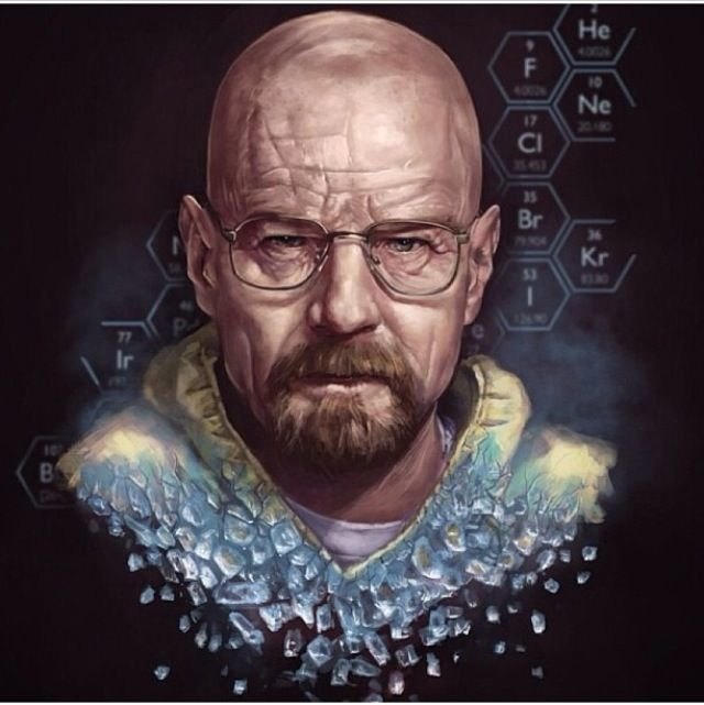 Portrait of Walter White from Breaking Bad, with a chemistry theme featuring crystal formations and chemical element symbols in the background.