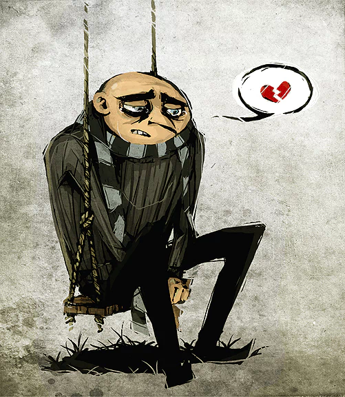 Gru from Despicable Me sits on a swing, visibly sad with a broken heart symbol above him, capturing a moment of melancholy from the movie.