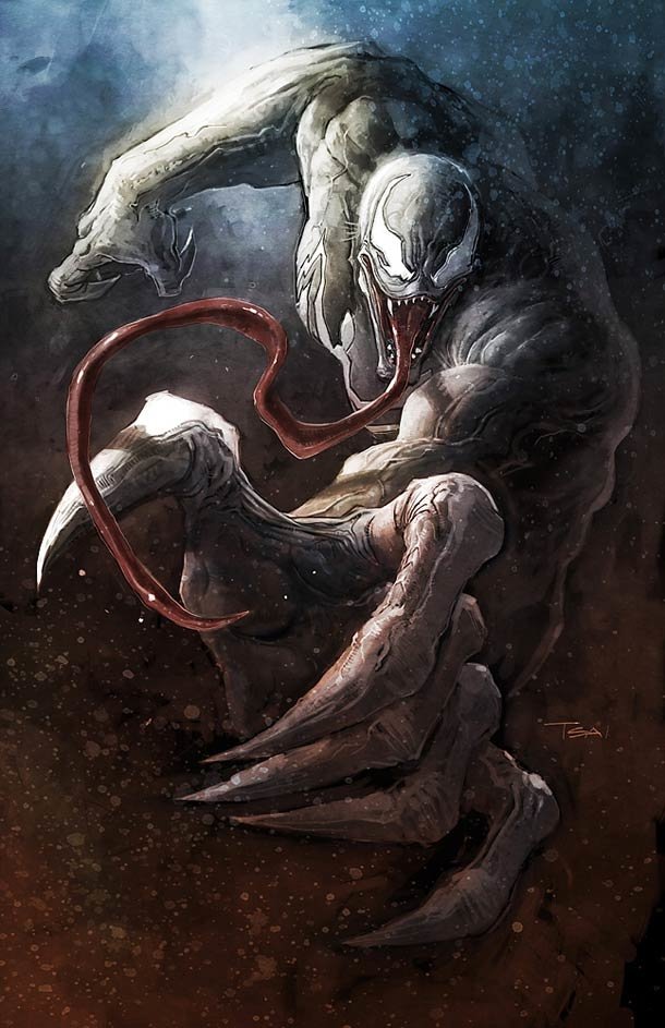 Comic-book character Venom from Spider-Man: hulking black symbiote with white eyes, long red tongue and razor-sharp claws poised to strike against a gritty, cosmic background.