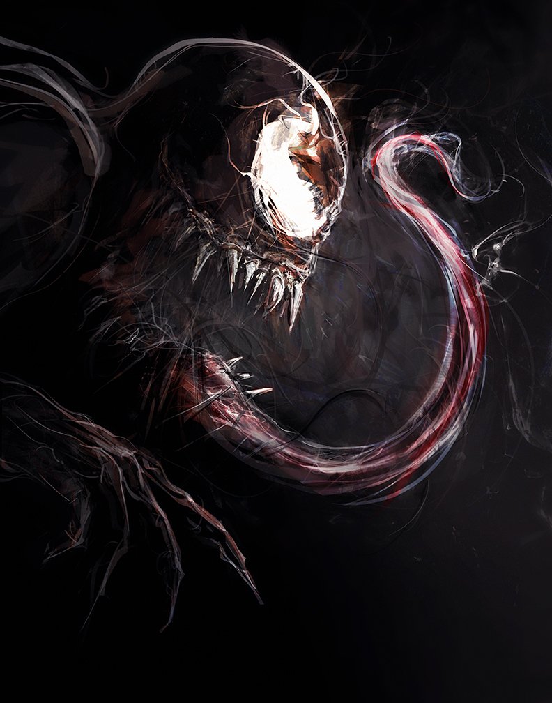 Dark comic-style depiction of Venom: a toothy, snarling creature with an elongated tongue, ink-like tendrils and smoky shadows.