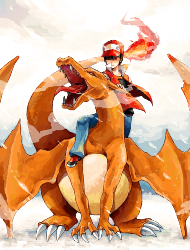 A Pokémon Trainer rides Charizard, the fiery dragon from the Pokémon video game series, set in a vibrant fantasy world.