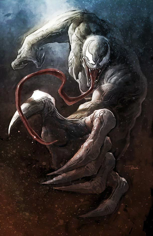 Comic-book character Venom from Spider-Man: hulking black symbiote with white eyes, long red tongue and razor-sharp claws poised to strike against a gritty, cosmic background.