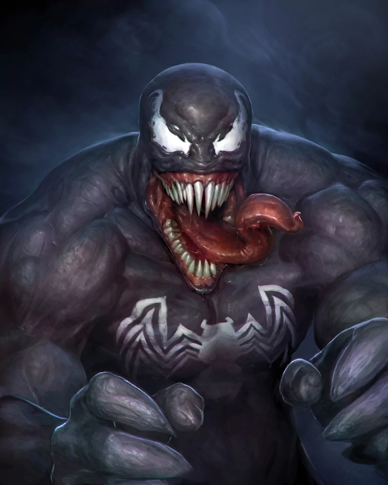 A fierce depiction of Venom, the Marvel Comics anti-hero, showcasing his muscular form, sharp teeth, and iconic symbiote design in a dark, comic-inspired style.