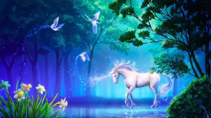 A serene fantasy scene features a majestic unicorn wandering near a tranquil pond, surrounded by vibrant flowers and ethereal birds in a magical forest setting.