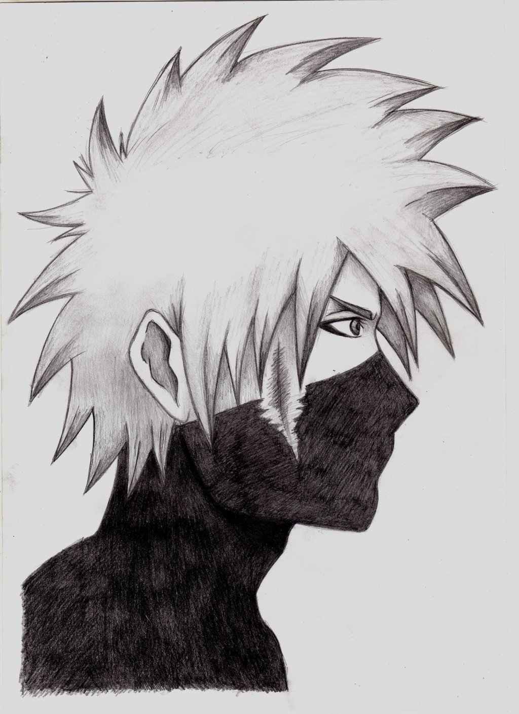 A detailed pencil drawing of Kakashi Hatake from the anime Naruto, showing his distinctive spiky hair and mask in a side profile.