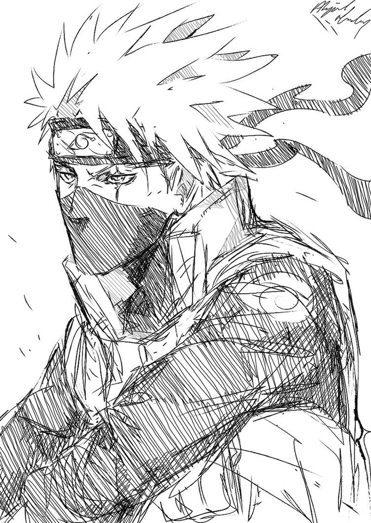 A sketch of Kakashi Hatake from the anime Naruto, featuring his signature spiky hair, mask, and headband, capturing his calm yet determined expression.
