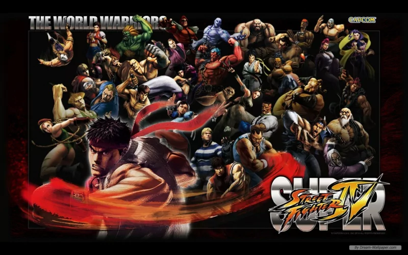 Street Fighter video game art: Ryu in the foreground with a dynamic montage of many fighters in combat poses and the Super Street Fighter IV logo.