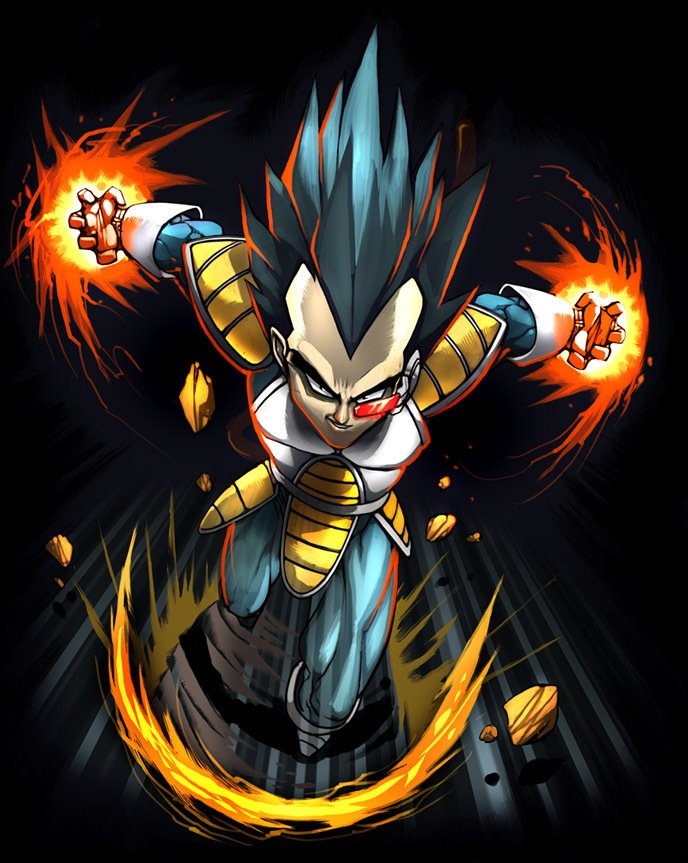 Dynamic image of Vegeta from Dragon Ball Z, launching into action with fiery energy spheres in his hands, showcasing his iconic spiky hair and warrior outfit against a dark background.