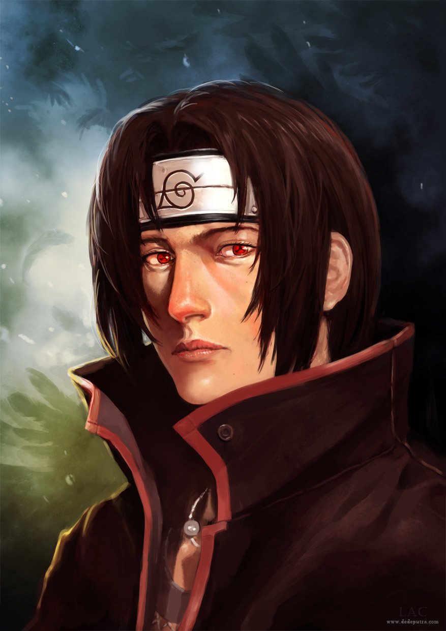 A portrait of Itachi Uchiha from the anime Naruto, featuring his iconic Sharingan eyes, set against a dark, atmospheric background.