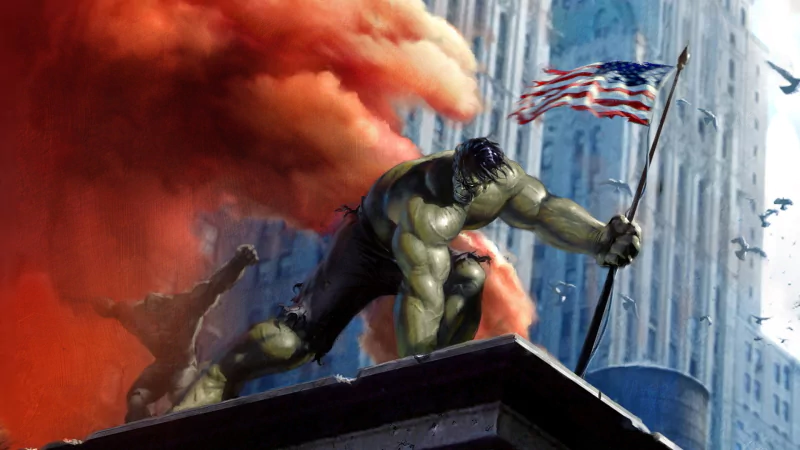 The Hulk stands triumphantly on a rooftop, waving an American flag amidst a chaotic backdrop of smoke and destruction, embodying the fierce spirit of Marvel Comics.