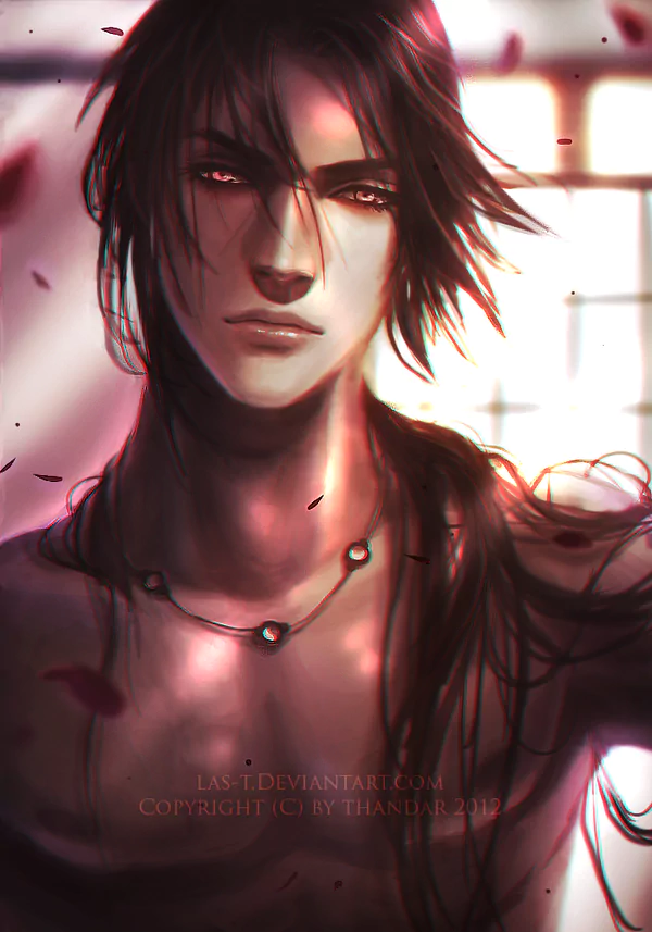 Digital art portrait of Tachi Uchiha from Naruto, featuring a close-up of his face with intense eyes and flowing dark hair against a softly lit background.