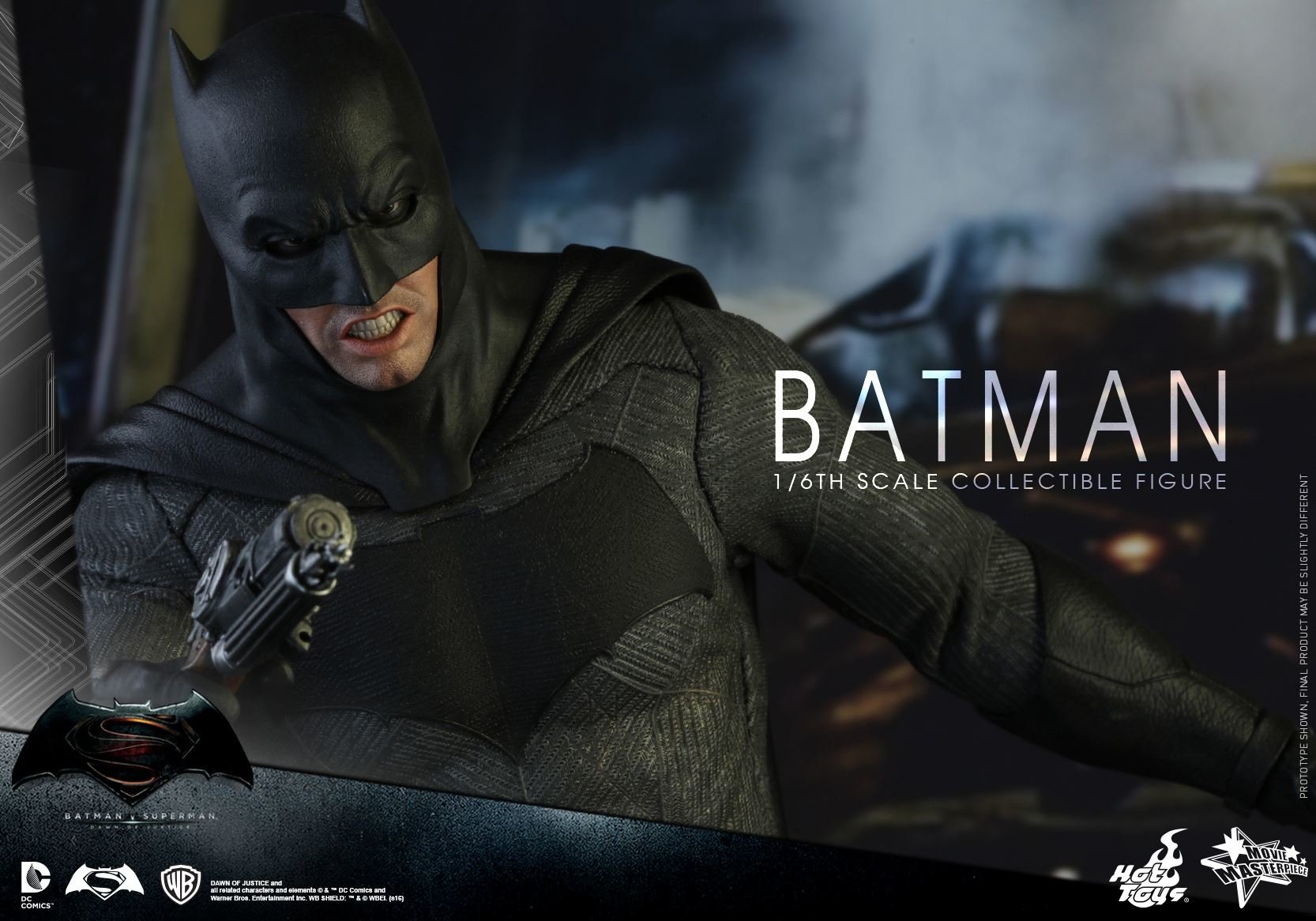 Batman in his suit from the movie Batman V Superman: Dawn of Justice, holding a weapon and poised for action in a dark, intense scene.