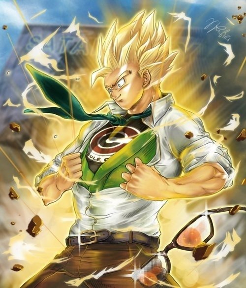 Gohan from Dragon Ball Z depicted in a dynamic pose, transforming with golden hair and a determined expression, surrounded by energy and debris. An iconic anime moment.