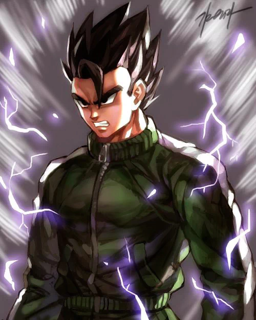 Gohan from Dragon Ball Z stands confidently in a dark, electrifying atmosphere, wearing a green jacket and displaying intense expressions, embodying his powerful character in anime.