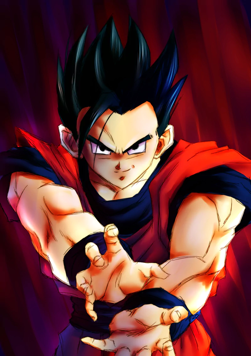Gohan from Dragon Ball Z is depicted in an intense pose, wearing a red and black outfit, with his iconic spiky black hair highlighted against a dramatic background.
