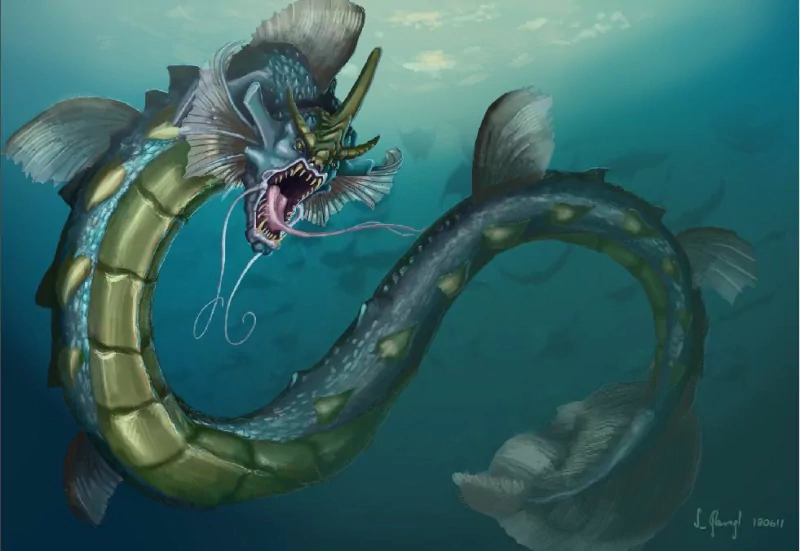 An underwater scene featuring Gyarados, a powerful Pokémon from the video game franchise, exhibiting its majestic and fierce presence amidst a vibrant aquatic environment.