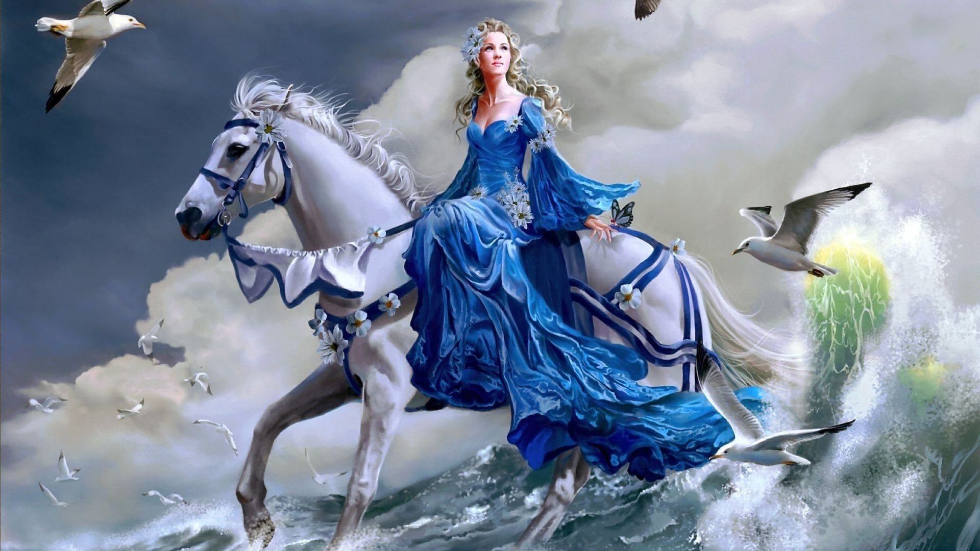 A fantasy scene featuring a woman in a flowing blue dress riding a white horse through crashing waves, surrounded by birds flying in a cloudy sky.