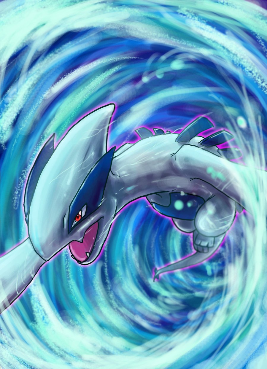 Lugia, the legendary Pokémon, bursts through a swirling water vortex in dynamic, video game–style art, shown as a sleek, dragon-like figure with fierce red eyes and energy trails.