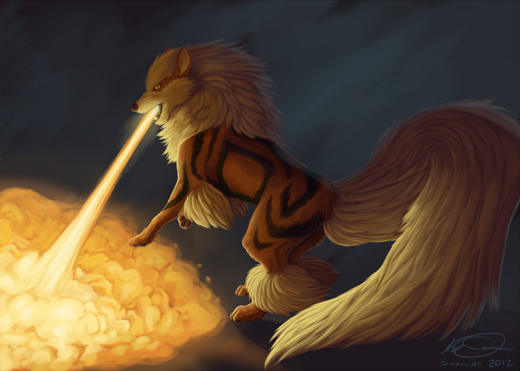 Arcanine (Pokémon) in a video-game style pose, foxlike and fiery, breathing a blazing stream of fire as its mane and bushy tail glow.