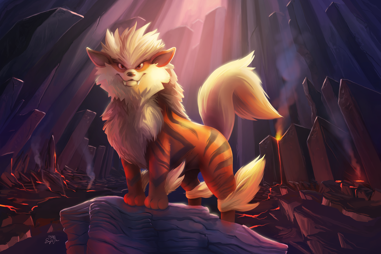 Digital art of Arcanine, the fiery Pokémon, standing proudly on a rock inside a glowing cave filled with sharp crystal formations.