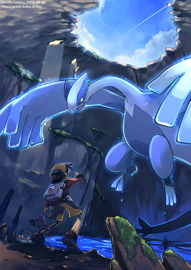 A Pokémon Trainer encounters the legendary Lugia inside a sunlit cave, with water and rocky walls surrounding them.